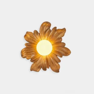 Tina resin flower wall sconce with warm central bulb, brown botanical petal design, studio front view