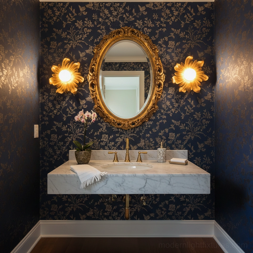 Gold-toned Tina floral wall sconces paired with ornate gold oval mirror, vintage bathroom vanity with dark floral wallpaper
