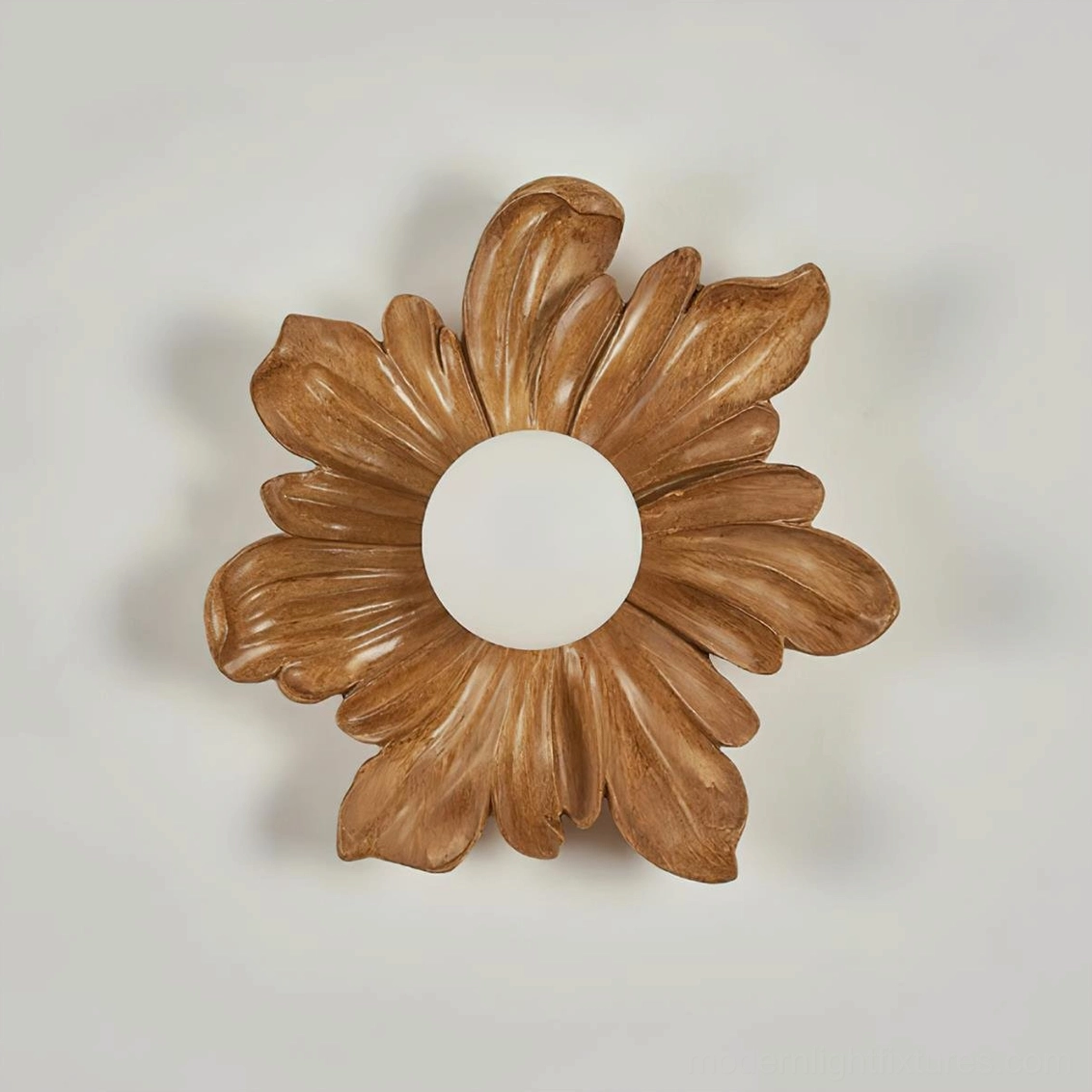 Tina natural wood flower wall lamp in scandinavian interior, organic botanical design with warm wood tone