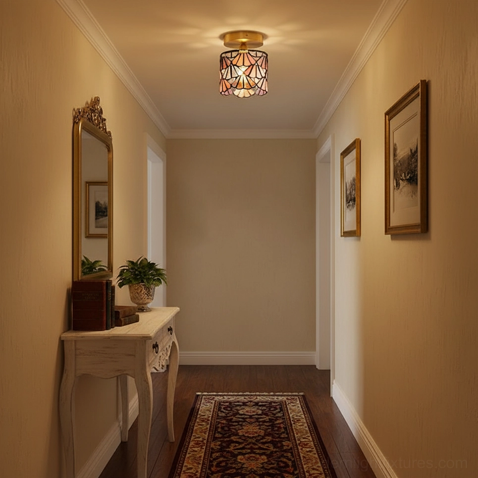 Bedroom interior with Tina Tiffany stained glass ceiling light casting colored light over bed, dimmer lighting scene