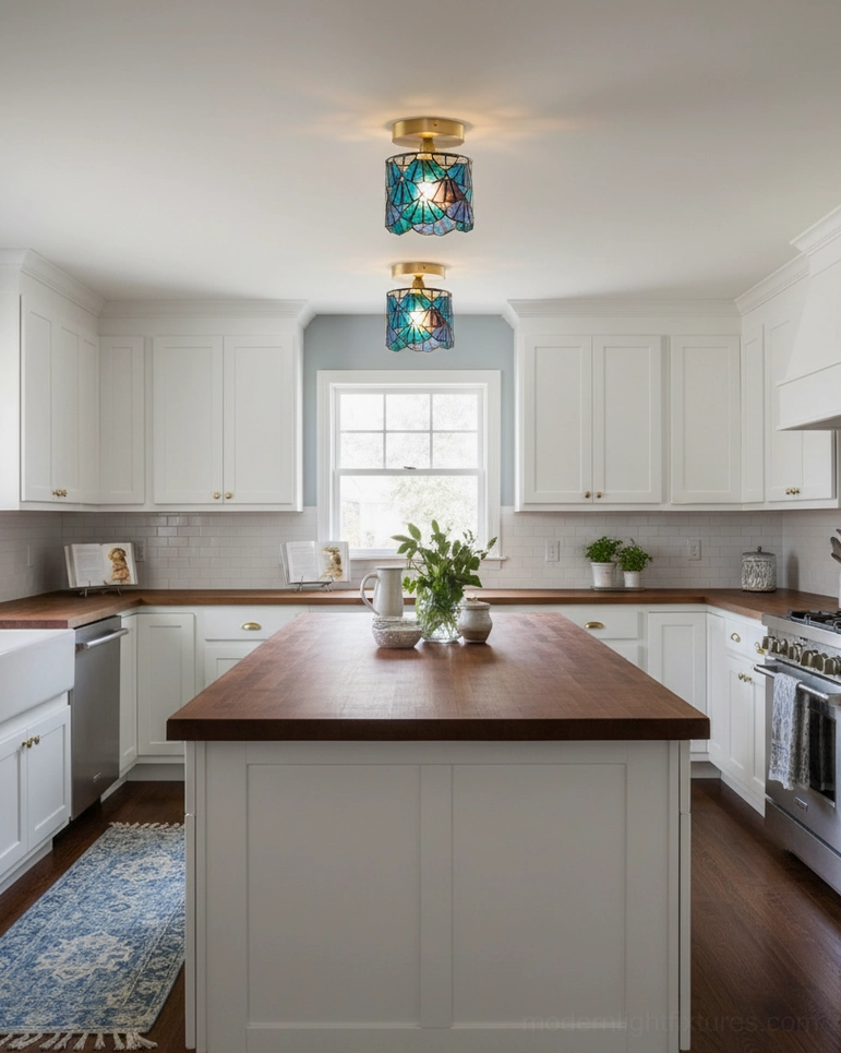 Modern farmhouse kitchen with two teal blue Tiffany style ceiling lights above white cabinetry