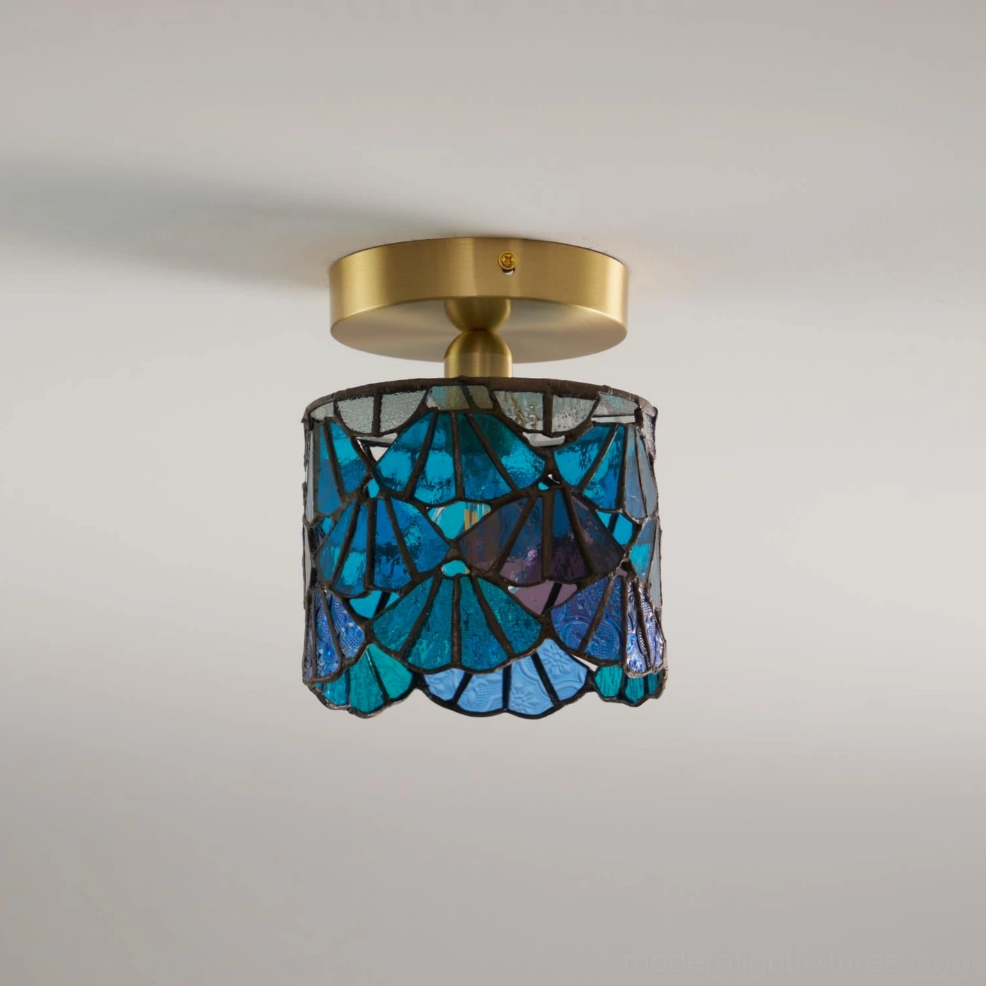 Tina Tiffany ceiling light detail showing brass canopy and hardwired mounting system