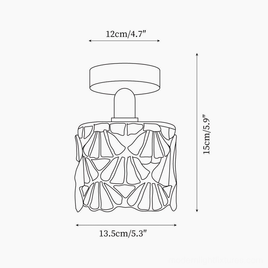 Technical orthographic line drawing of Tina Tiffany ceiling light showing dimensions and shell pattern specifications