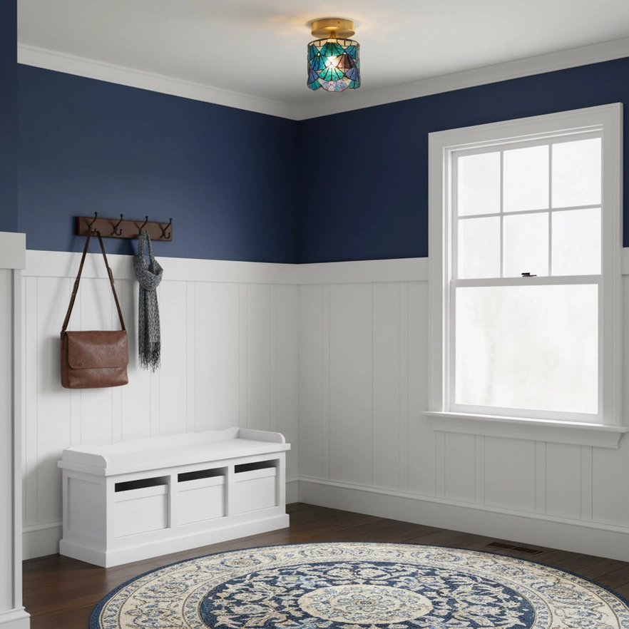 Hallway entryway with compact Tina Tiffany ceiling fixture providing colored light in transitional space