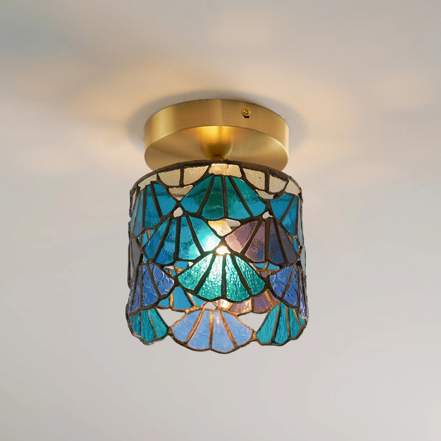 Tina Tiffany pink stained glass ceiling light product display showing color and lead-line pattern