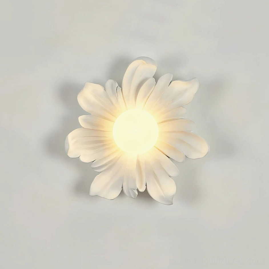 Tina white flower wall sconce, minimalist botanical fixture in clean contemporary hallway