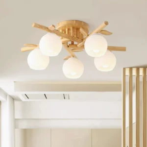5-head wooden branch ceiling light mounted in modern Japandi living room interior