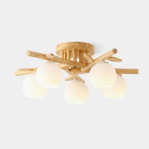Tinsley wood and glass branch ceiling light fixture with 6 frosted glass shades on white background
