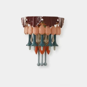 Tintora hand-glazed ceramic wall sconce with burgundy, blush, coral, smoky blue, cream, and teal ceramic petals and translucent glass droplets - studio product shot on white background