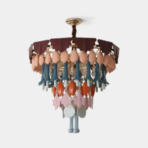 Tintora tiered ceramic and glass chandelier with burgundy, blush, coral, smoky blue, cream and teal hand-glazed ceramic petals and translucent tinted glass droplets on white background