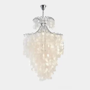 Tirenza shell chandelier luxury pendant light fixture with translucent shell discs and polished chrome frame, front view on white background