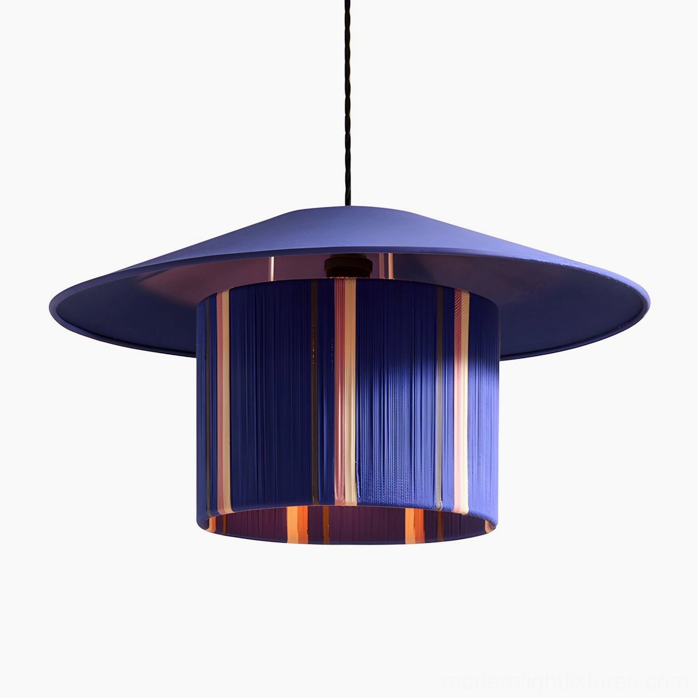 Tivaro blue rope pendant light, full sculptural form, indigo matte finish with textured copper stripes, contemporary pendant design