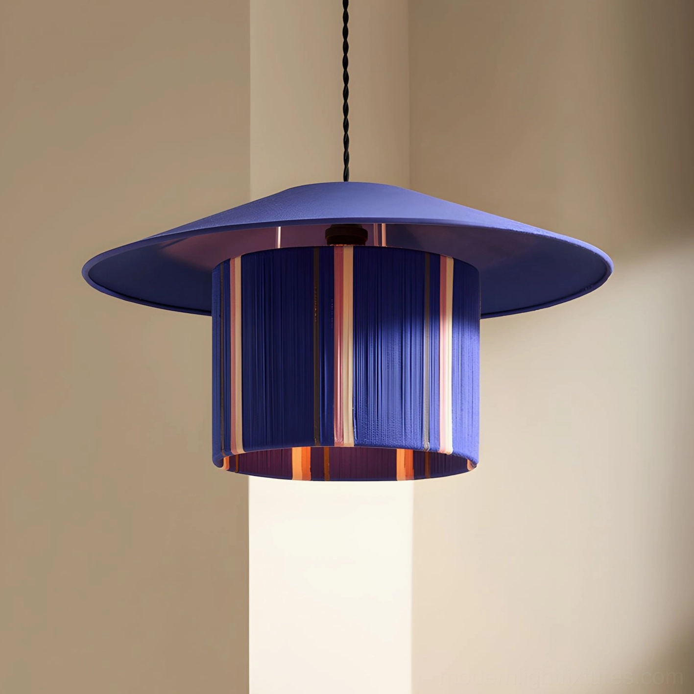 Tivaro modern rope braiding pendant lamp, navy blue color, sculptural drum-shaped shade, architectural lighting design