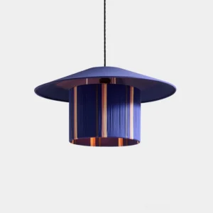 Tivaro blue striped rope braiding pendant lamp front studio view, navy matte finish with copper stripes, sculptural drum shade design