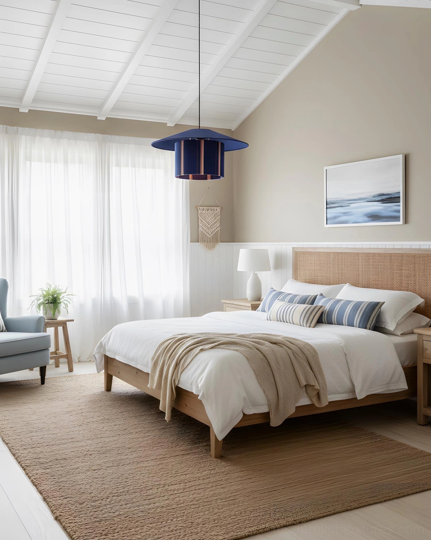 Tivaro pendant lamp in coastal bedroom, indigo striped shade above rattan headboard, neutral bedding, vaulted ceiling