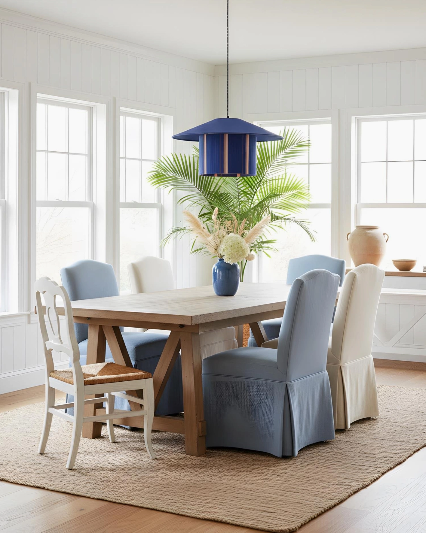 Tivaro pendant light in sunlit dining room, indigo striped shade with blue slipcovered chairs and large windows, botanical decor