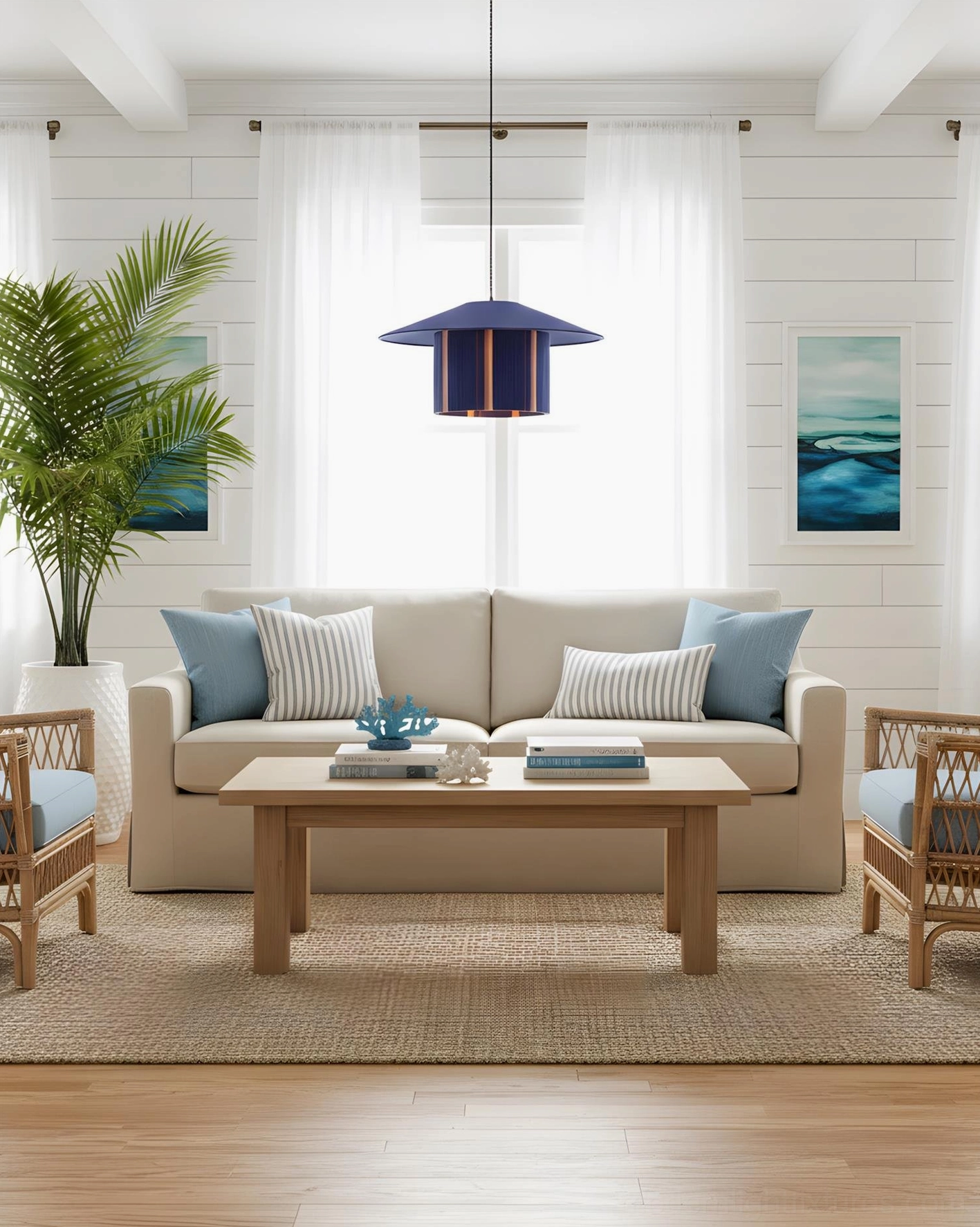Tivaro blue striped pendant lamp in casual coastal living room, indigo shade with beige linen sofa and natural wood coffee table