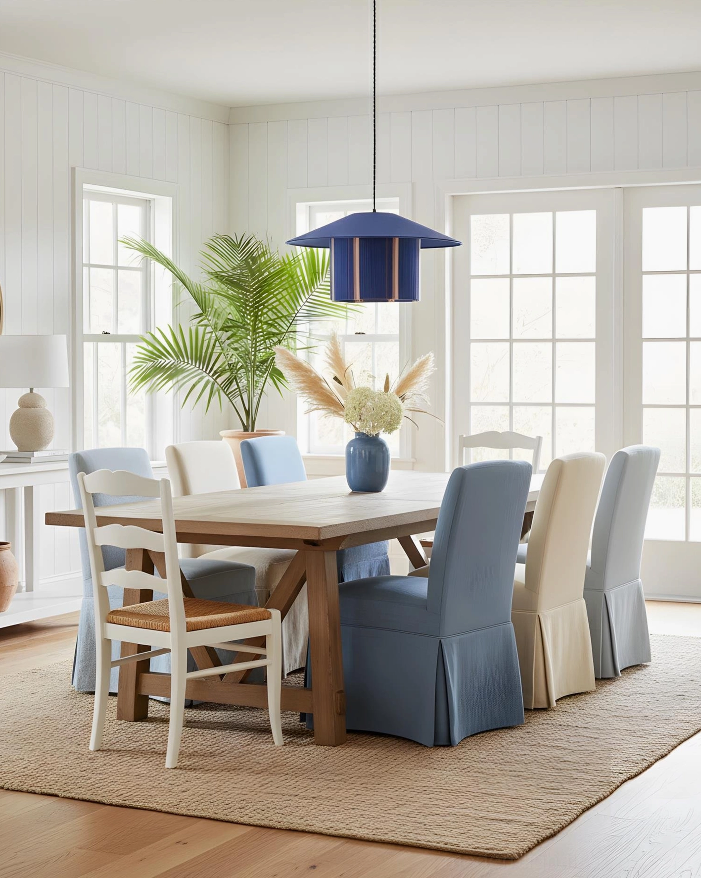 Tivaro pendant lamp in modern casual dining room, navy striped shade with mixed dining chairs and white paneled walls