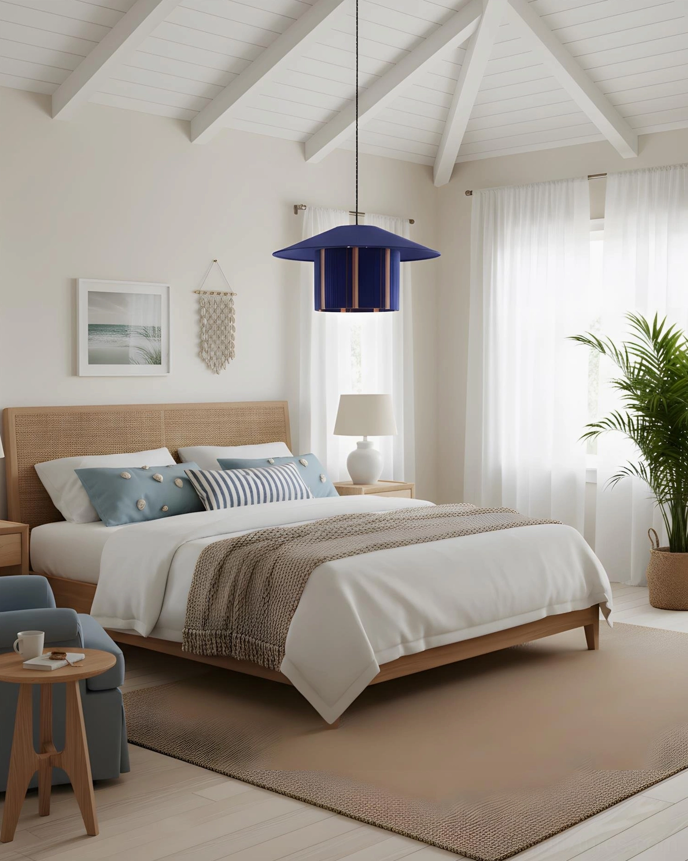 Tivaro blue rope pendant light in bright coastal bedroom, sculptural shade under vaulted ceiling with layered neutral bedding
