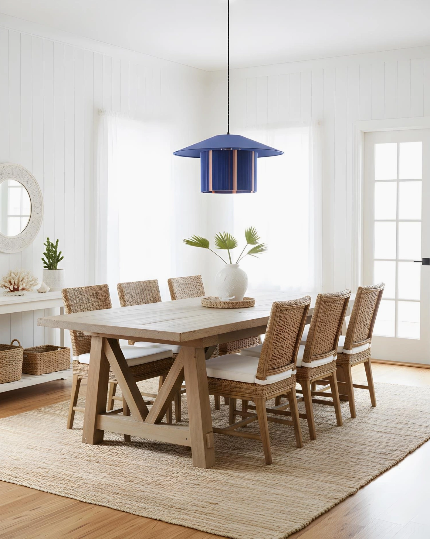 Tivaro pendant light in farmhouse dining room, sculptural shade over wooden dining table, bright white walls, botanical accents