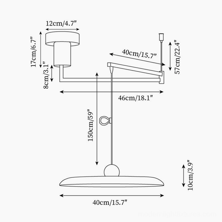 Technical orthographic drawing of 40cm diameter Tizio pendant lamp with dimensioned specifications