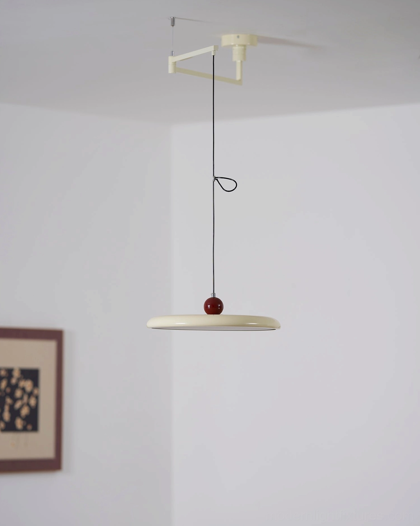 Beige Tizio disc pendant lamp with warm white finish in Scandinavian style loft