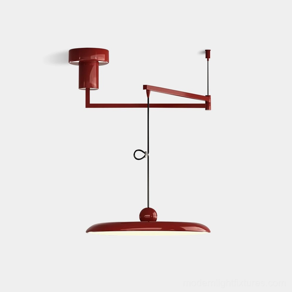 Tizio modern disc pendant lamp with burgundy metal frame and acrylic shade, flat lay studio view