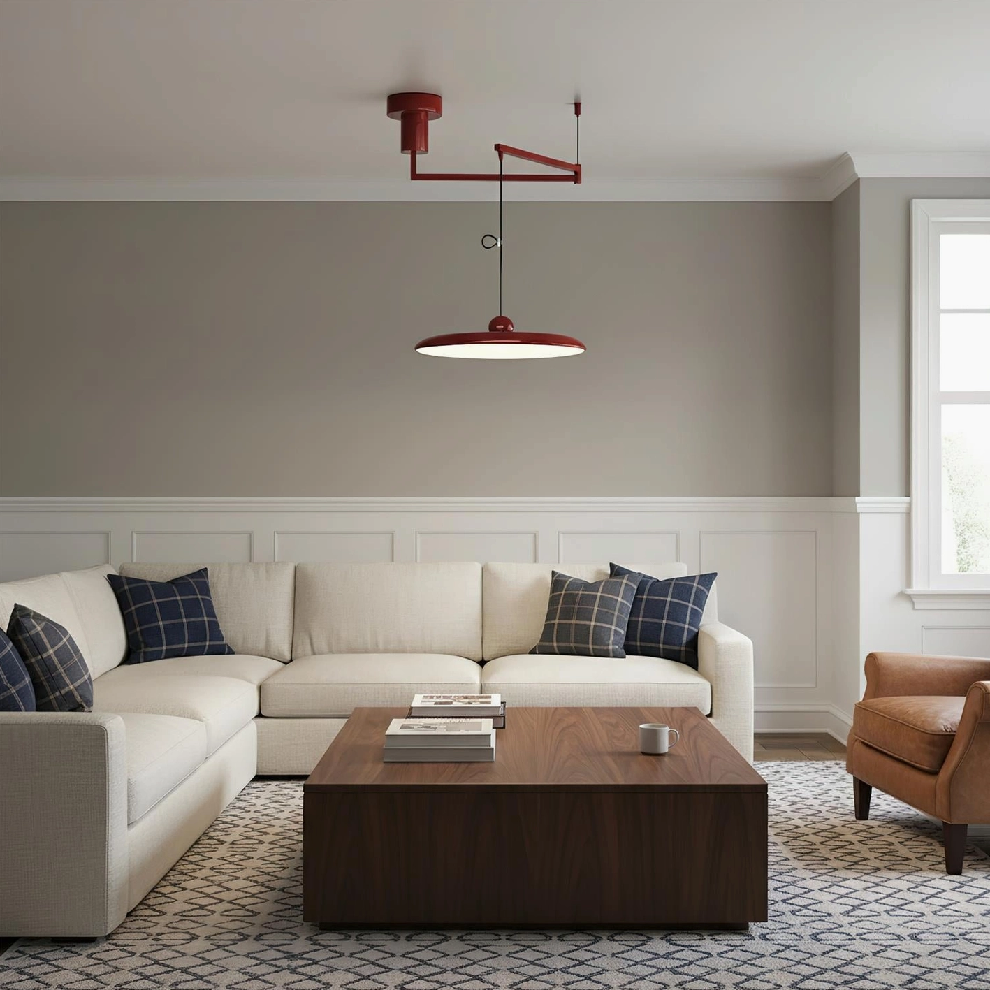 Burgundy modern disc pendant light in contemporary minimalist living room accent lighting