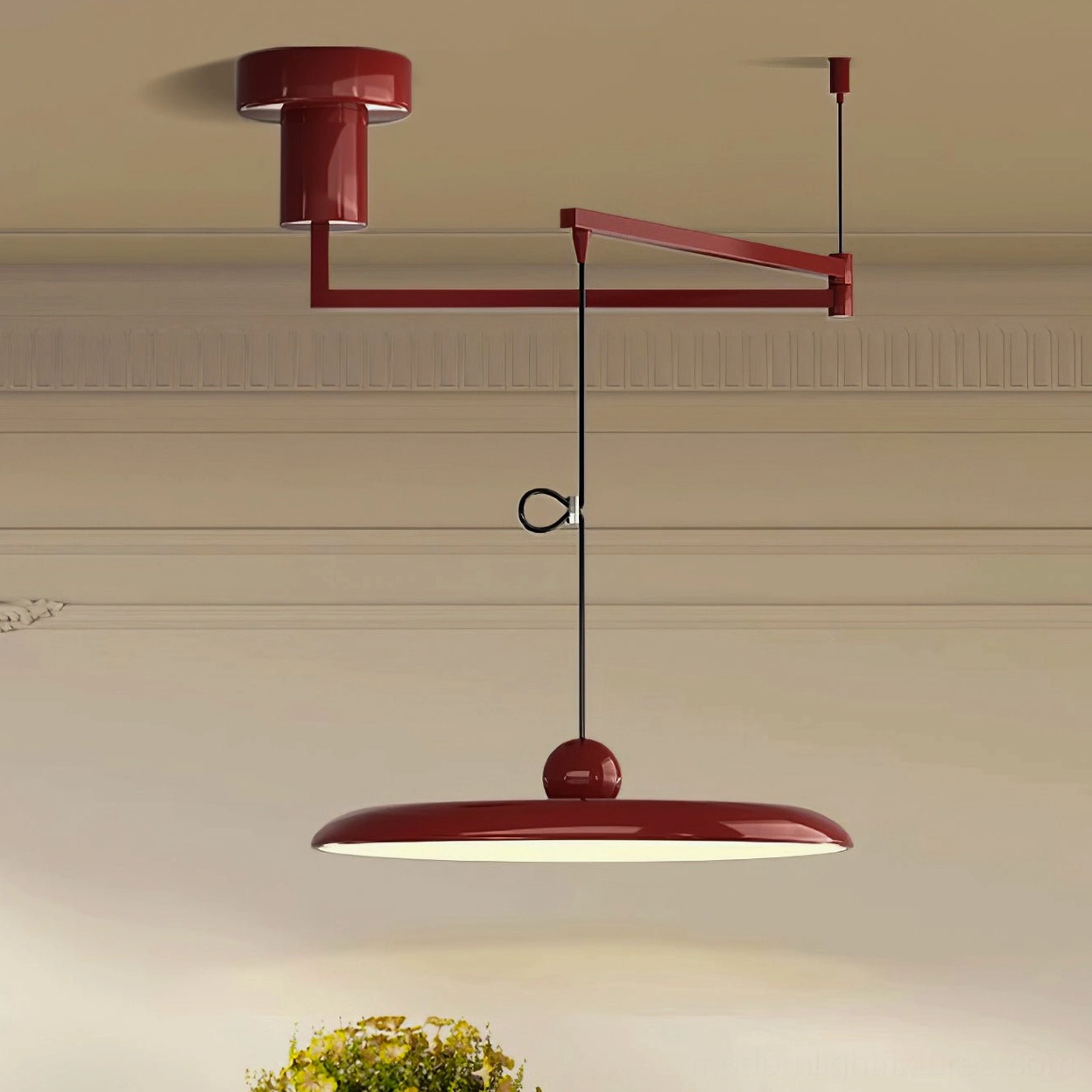 Adjustable cantilever pendant light showing cable adjustment mechanism and metal frame detail