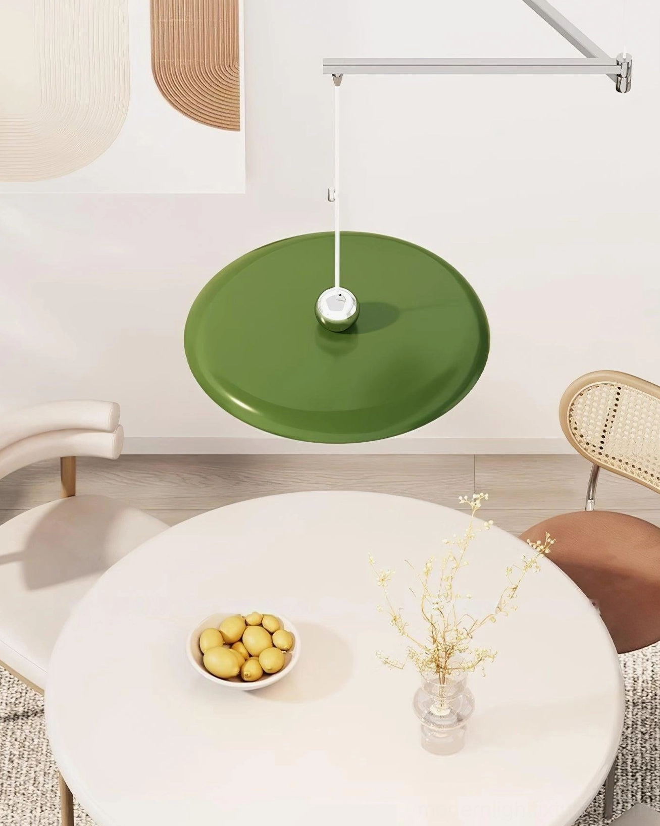Green and chrome color variant of modern disc pendant light in contemporary interior