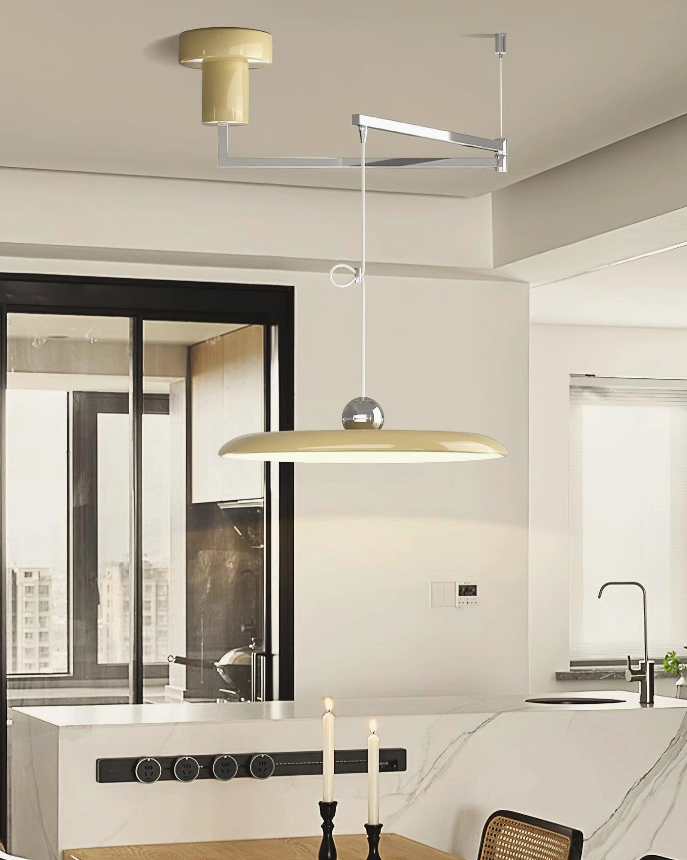 Multiple Tizio disc pendant lights arranged as cluster installation in open concept space