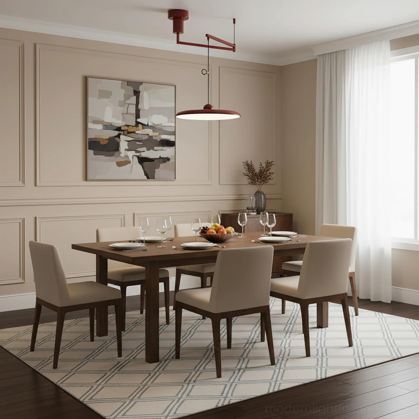 Cantilever pendant lamp suspended above formal dining table with wood furniture and wall paneling
