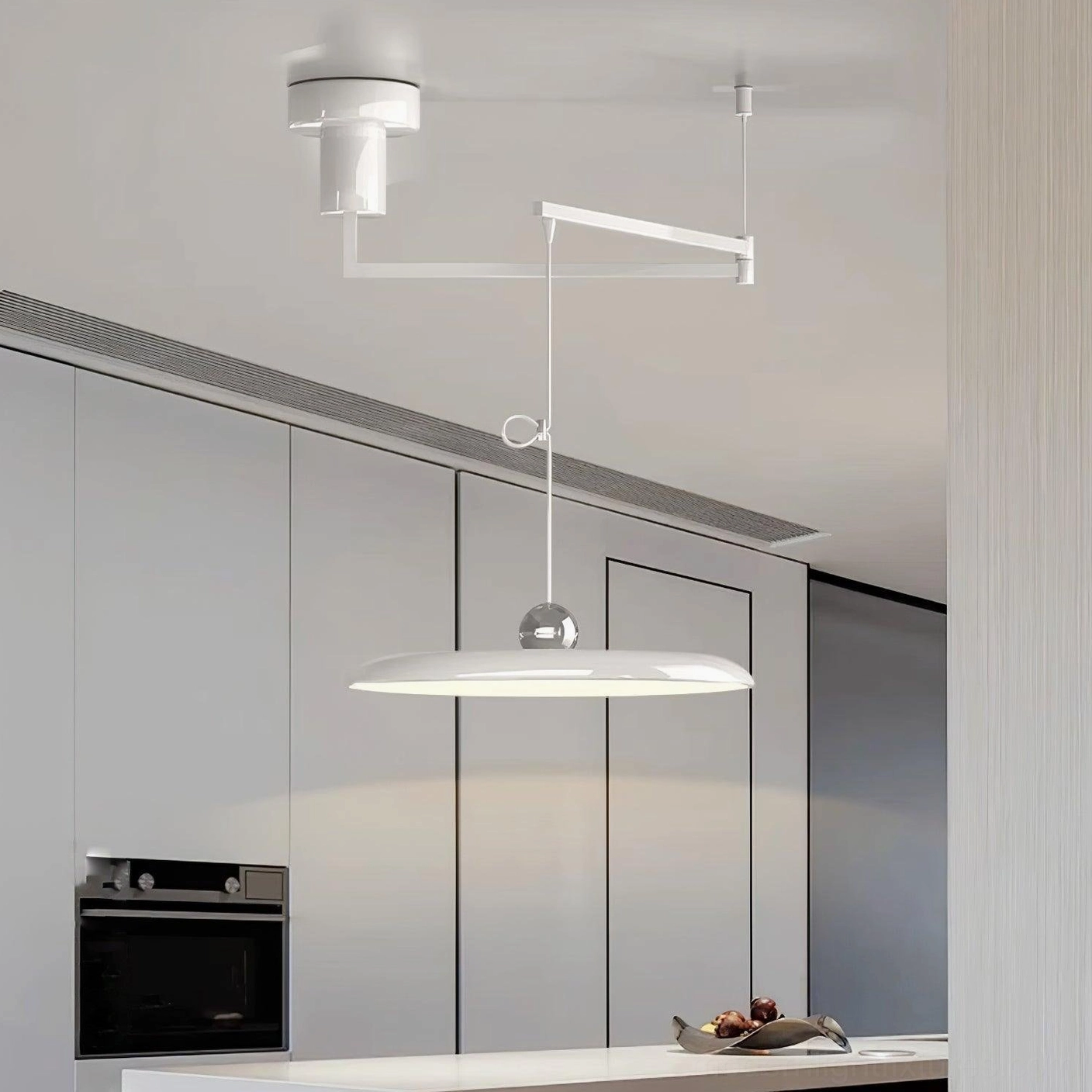 Modern cantilever pendant lamp in home office workspace providing focused task illumination