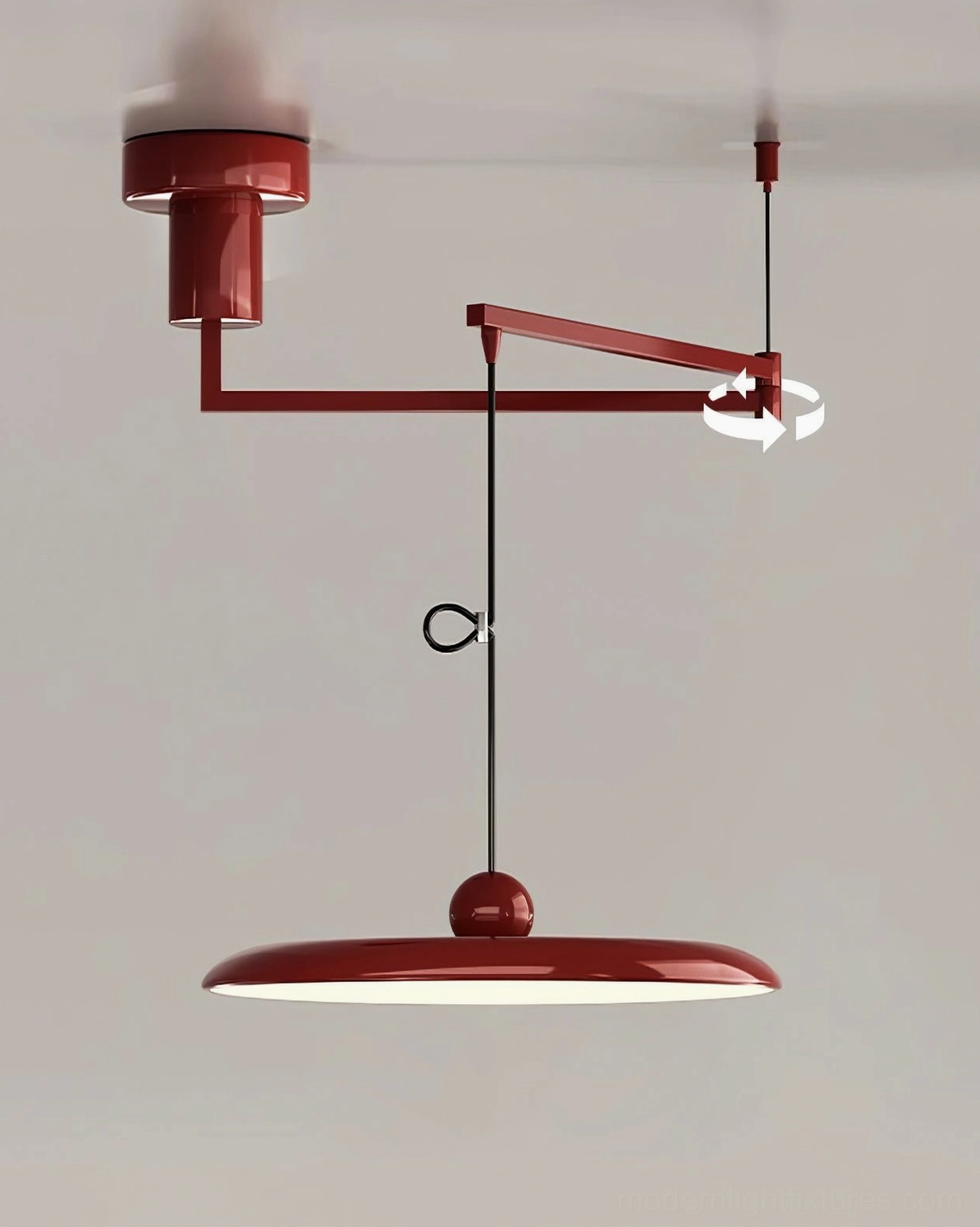Side profile of Tizio cantilever pendant lamp showing geometric metal frame architecture