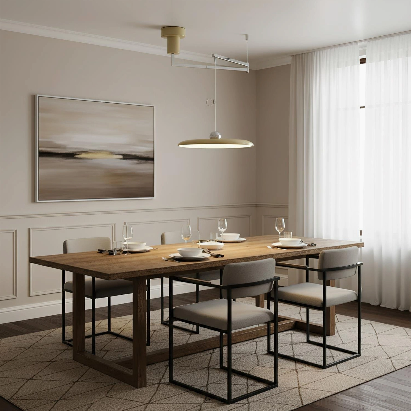 Off-white disc pendant lamp installed in French-style dining room with warm home decor aesthetic