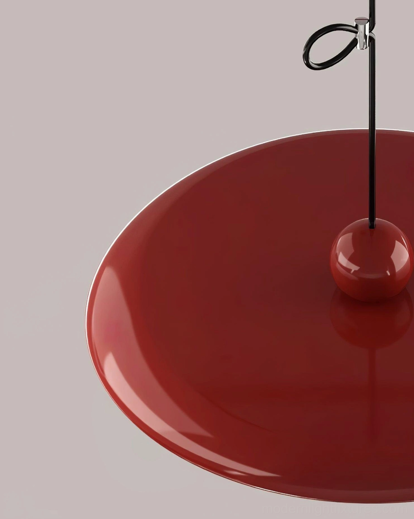 White Tizio disc pendant lamp suspended in bright minimalist dining space