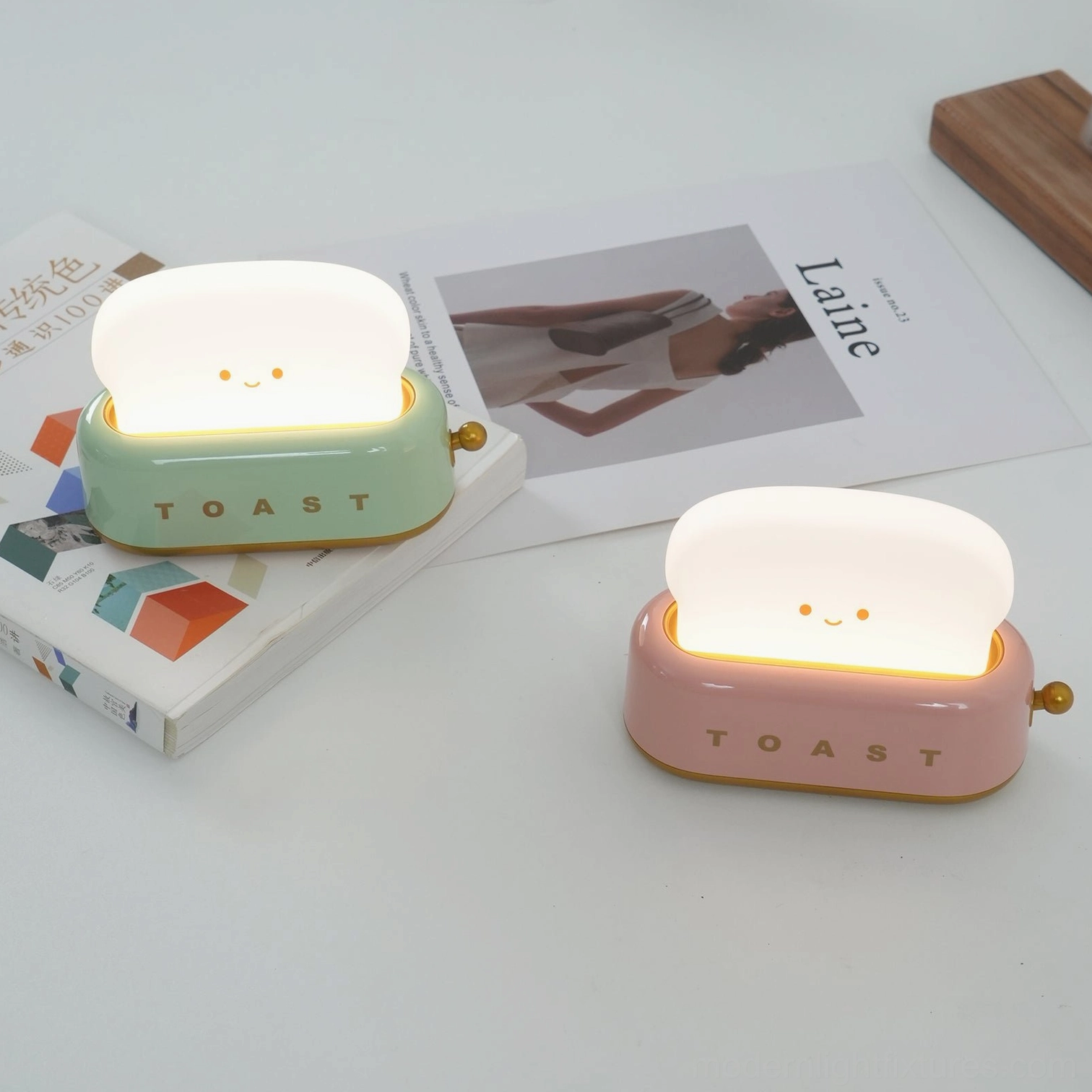Retro toaster-style table lamp in lifestyle setting showing USB portable power convenience