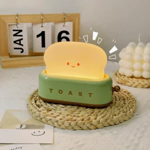 Warm 3000K toaster accent lamp on home desk with calendar and candles, retro design on rattan mat