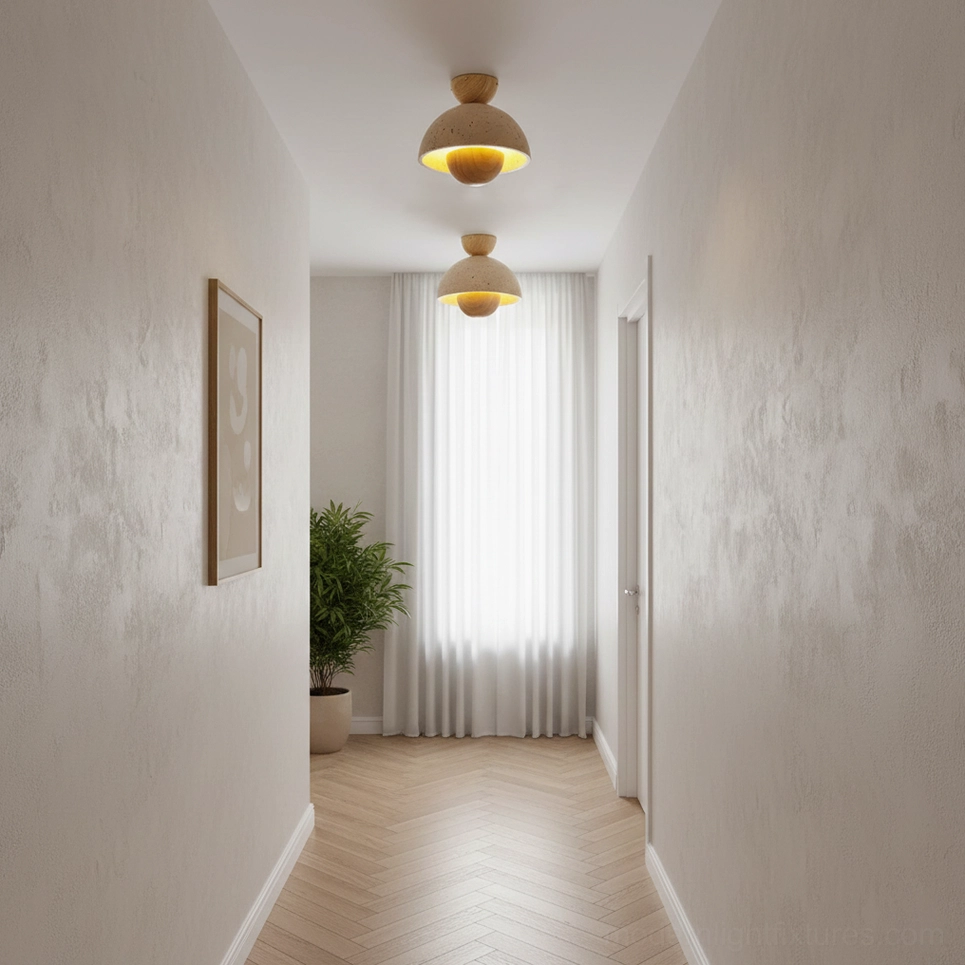 Multiple Toccata ceiling lights hallway corridor warm ambient lighting neutral decor