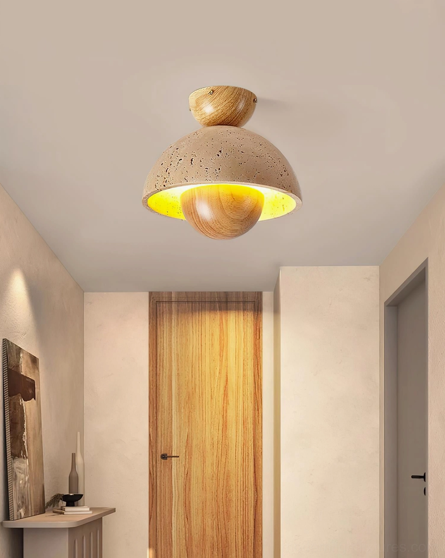 Toccata natural travertine stone ceiling light fixture organic texture detail view