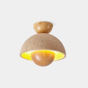 Toccata natural travertine and wood ceiling light fixture front overhead view modern japandi design