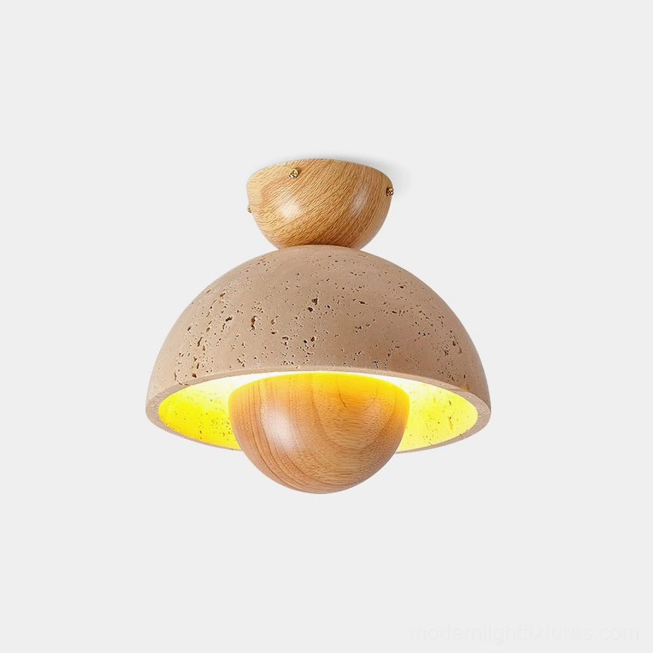 Toccata natural travertine and wood ceiling light fixture front overhead view modern japandi design