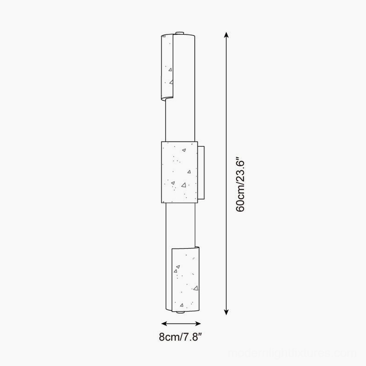 Tolira tall 60cm travertine wall sconce, side technical view showing elongated cylindrical design with segmented structure