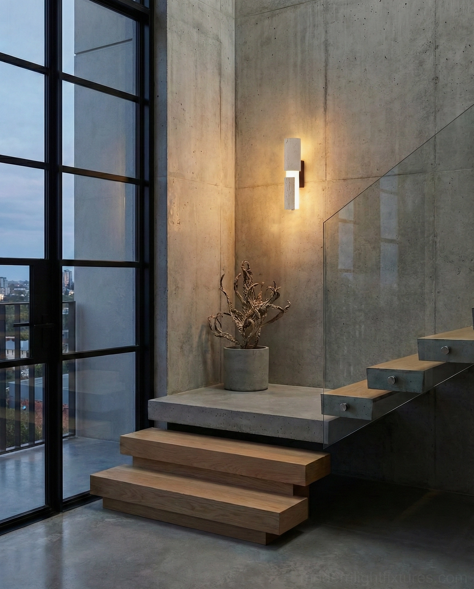 Tolira 60cm vertical travertine sconce in residential setting, tall proportions creating dramatic architectural feature