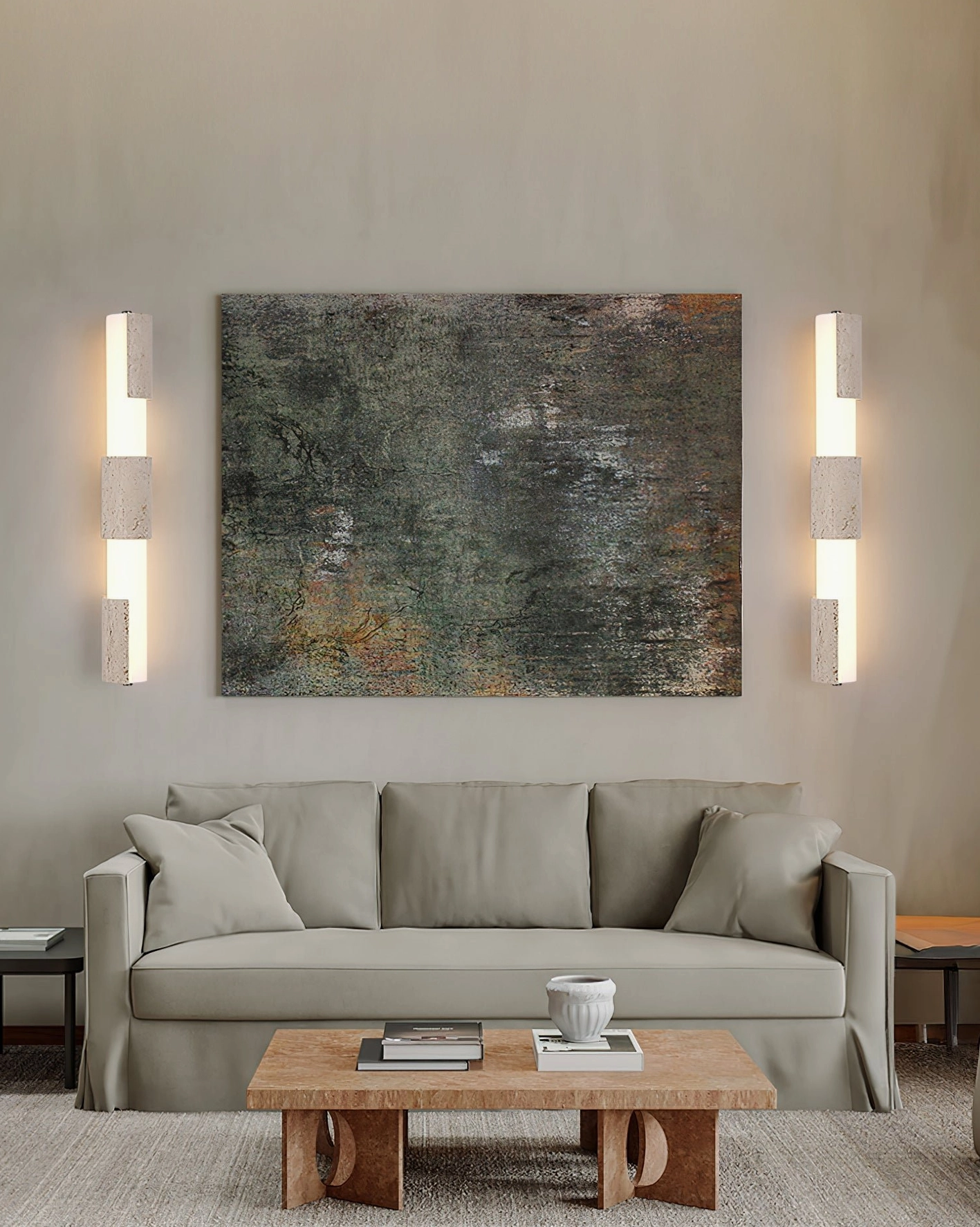 Tolira travertine sconce color variants, showing beige and walnut finish options with warm white LED glow