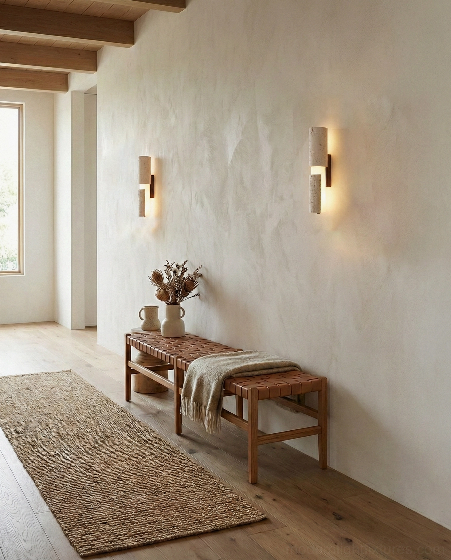 Tolira compact 30cm travertine sconce material composition, showing travertine body, acrylic diffuser and wood backplate