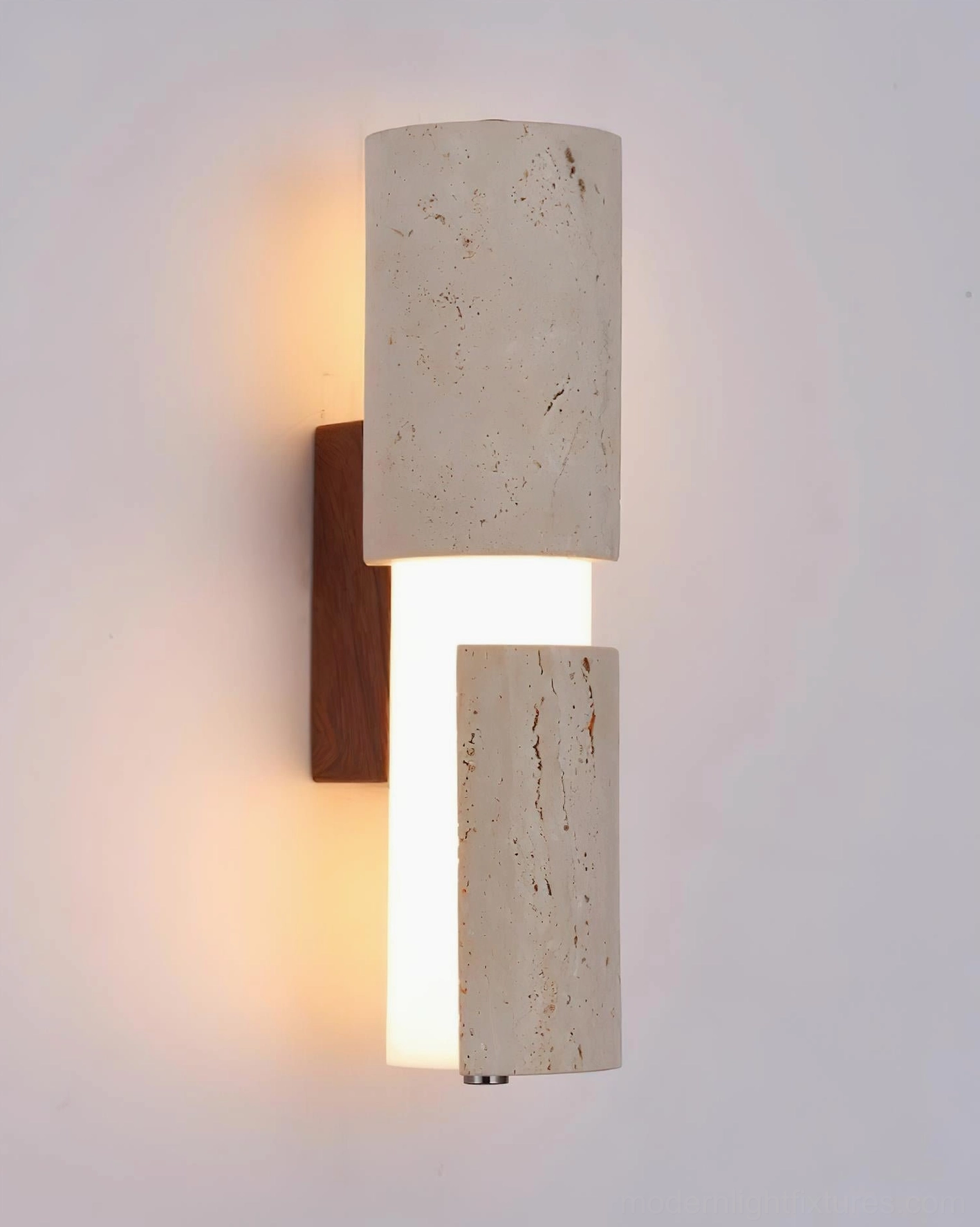 Tolira travertine wall sconce, interior design inspiration showing modern minimalist bathroom aesthetic