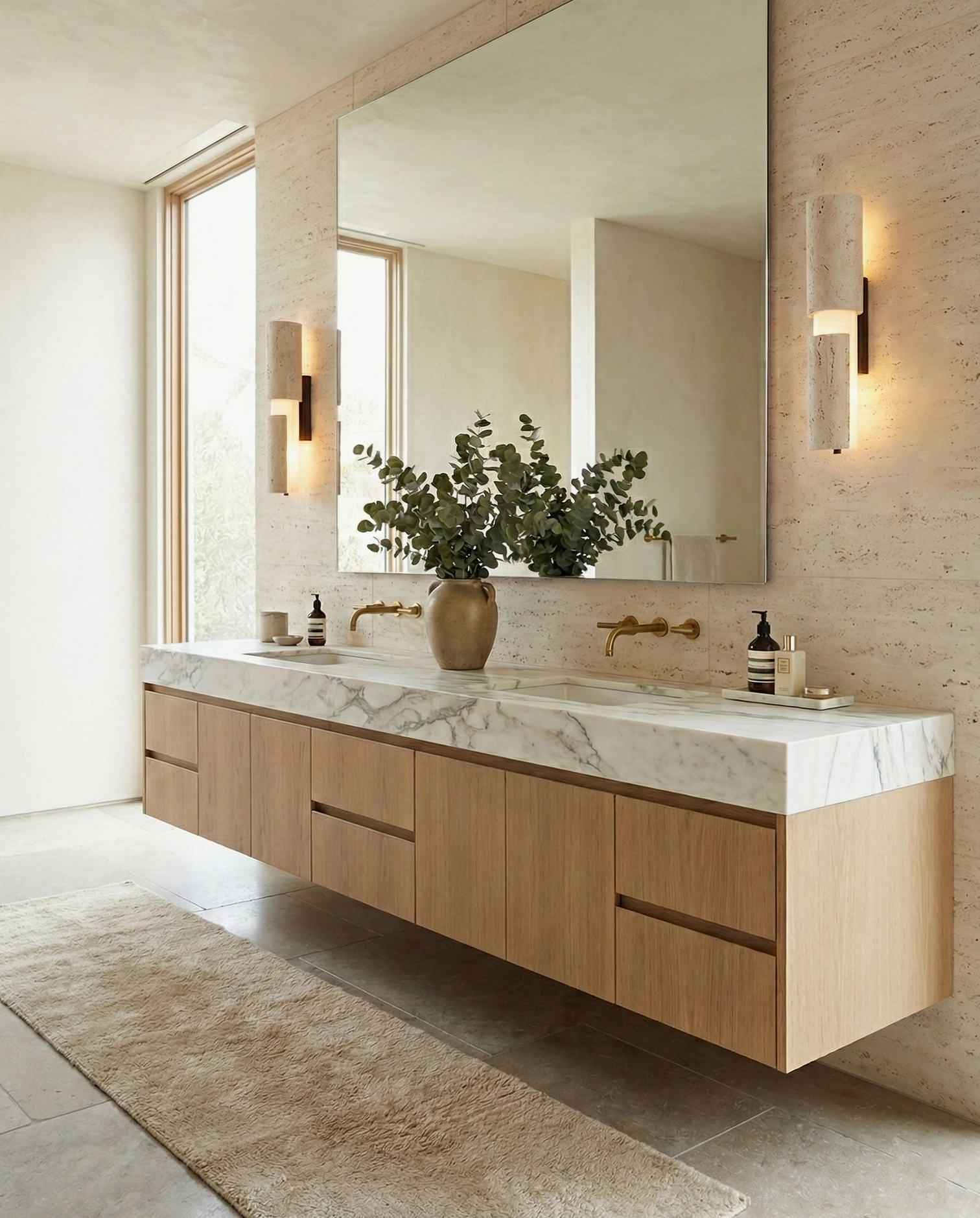 Dual Tolira travertine sconces flanking bathroom mirror, matching warm beige stone with wood accents on marble vanity