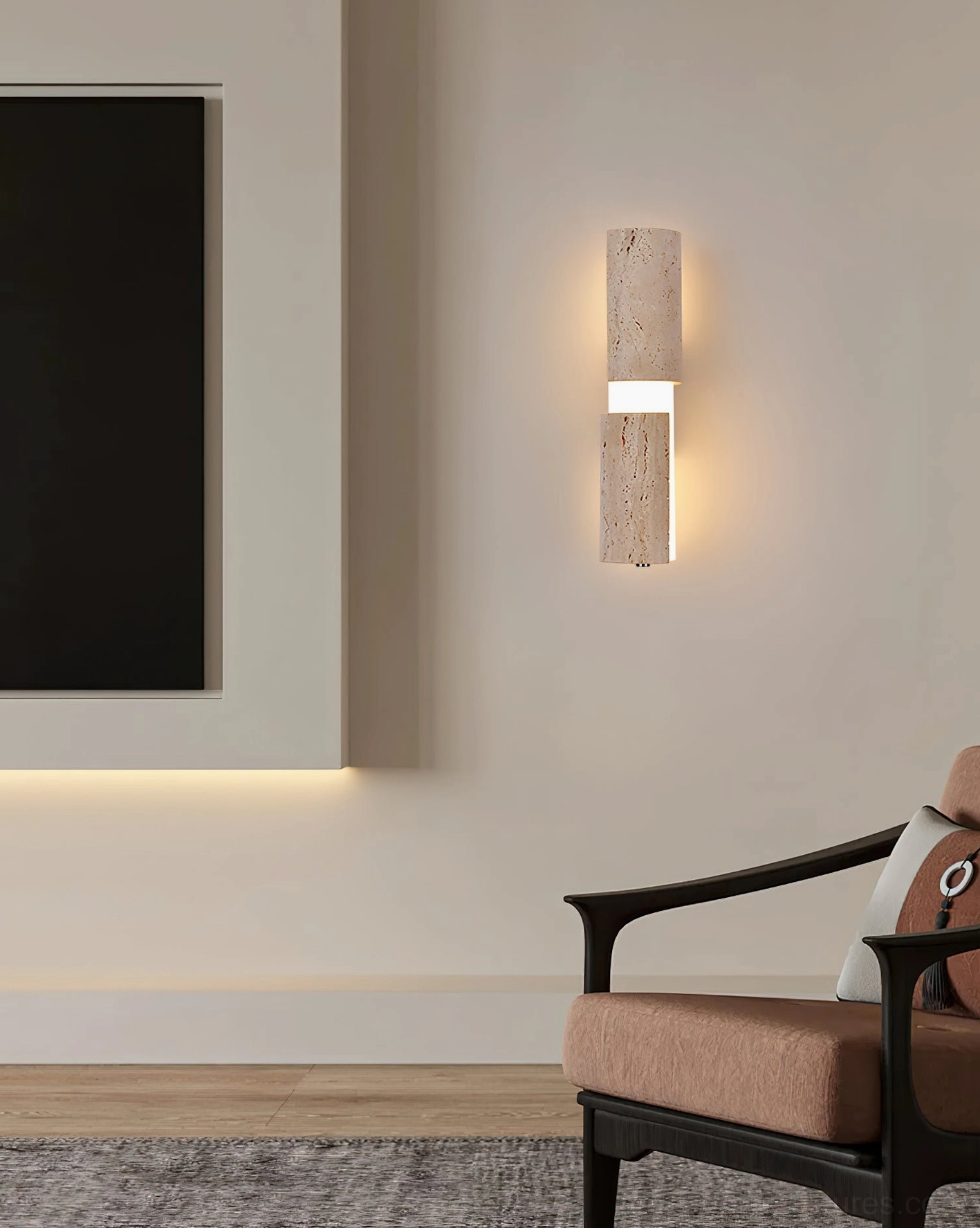 Tolira travertine sconce, wabi-sabi design philosophy inspiration with natural stone imperfections and organic texture