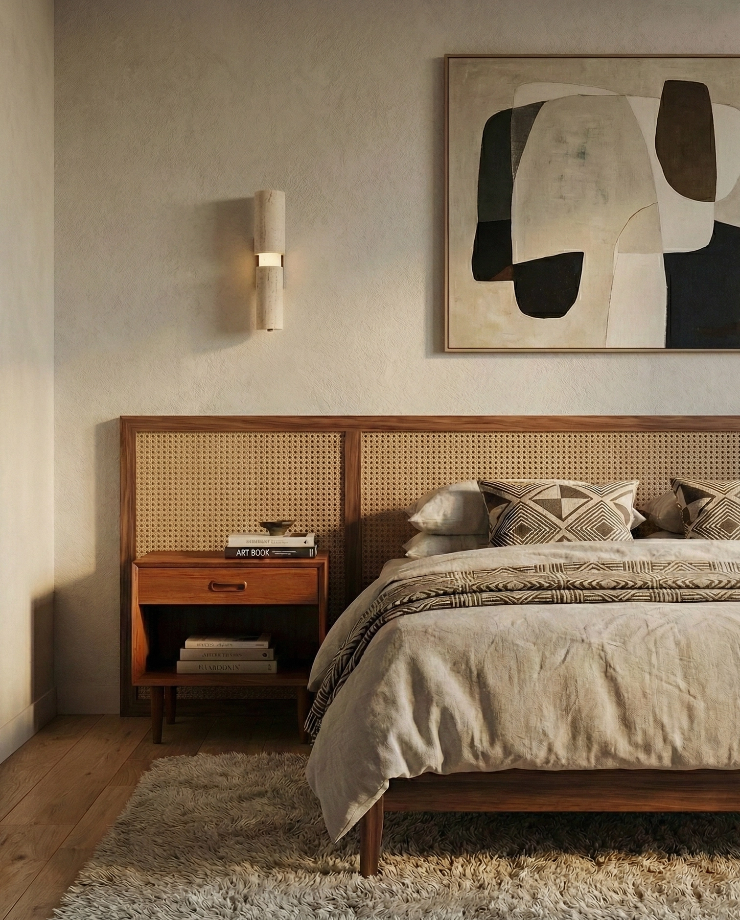 Single Tolira travertine wall sconce as bedside lighting fixture in warm neutral bedroom, soft ambient glow